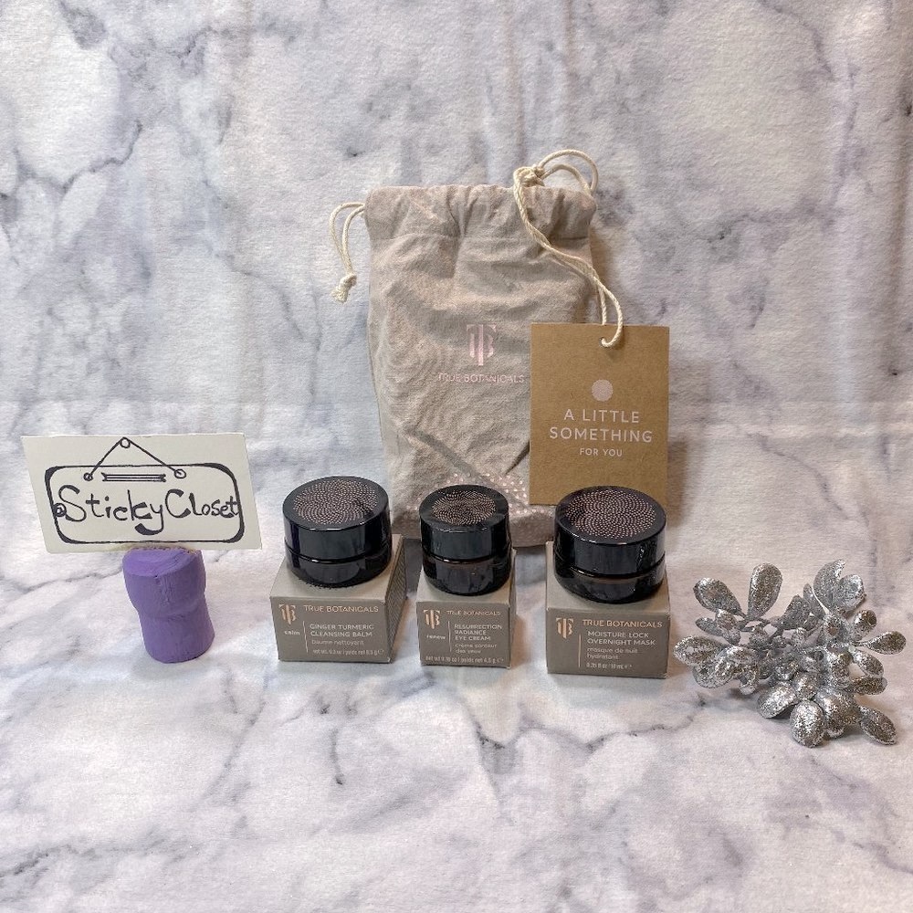 True Botanicals Skincare Set-Grey Bag,Night Mask,Eye Cream&Cleansing Balm3pc-NEW